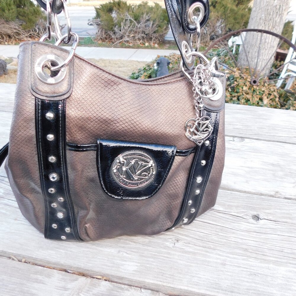 KATHY VAN ZEELAND BROWN HAND PURSE WITH STUDS Pocket in Front Lots of Room